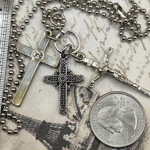 Long Silver Tone Religious Faith Theme Necklace Three Cross Pendants
